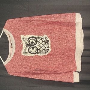 Terry Pullover Sweater Novelty Owl 3D Small Red and White Trim Women's Crew